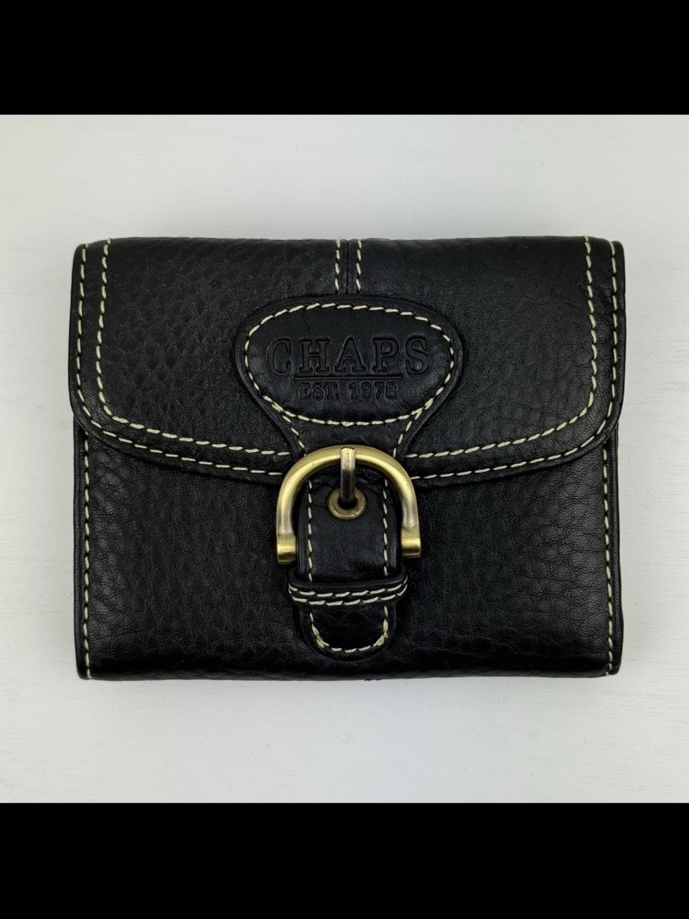 Vintage 90s/Y2K CHAPS Black Leather Trifold Buckle Snap Wallet Zip Coin Purse!